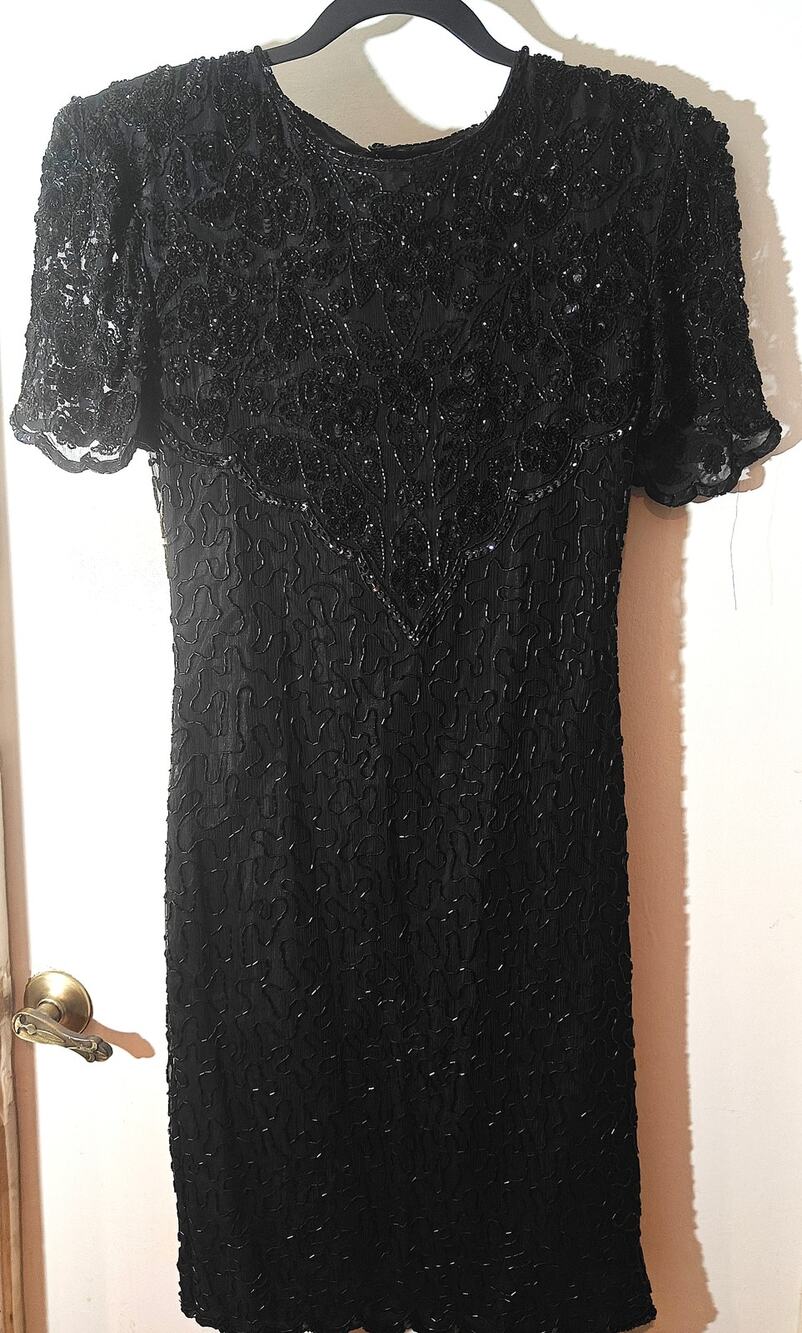 Vintage Women's Black Silk Embellished Short Sleeve Open Back Dress Size S